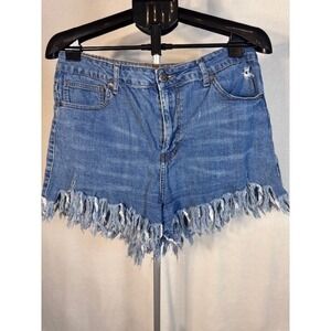 EUC VIP Jeans denim shorts distressed light wash fringe high rise Juniors 15/16
